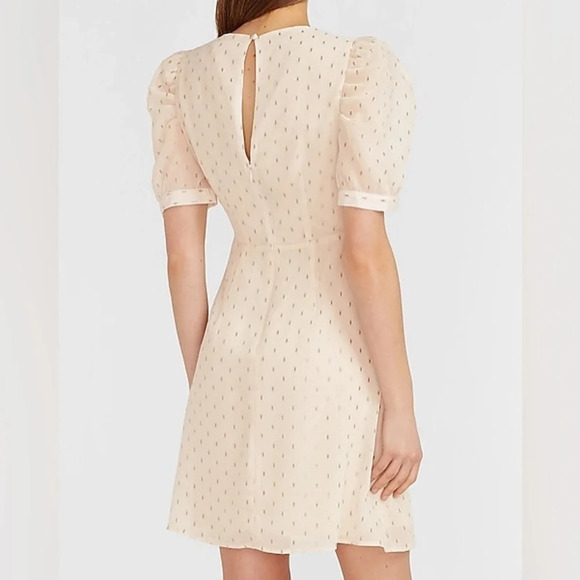 EXPRESS Metallic‎ Clip Dot Puff Sleeve Fit and Flare Dress - Picture 2 of 7